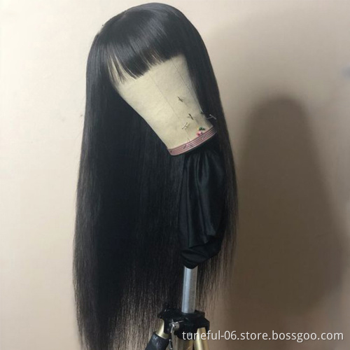 Short Human Hair Lace Closure Wigs With Bangs, Brazilian Straight Hair Bob Lace Wig With Front Fringe Bangs Ladies Hair Wigs
